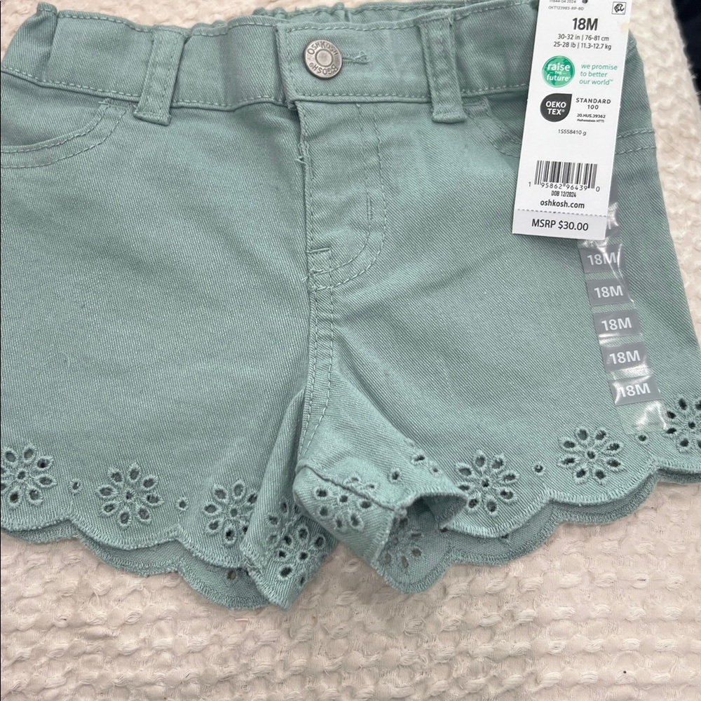 OshKosh B'gosh Green Toddler Eyelet Flower Denim Shorts